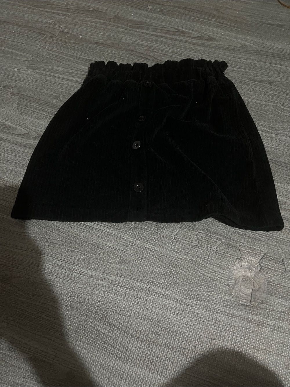 Black Button-Front Mini Skirt with Elastic Gathered Waist